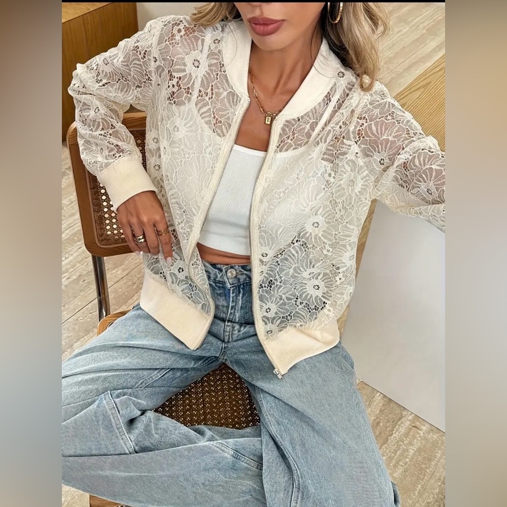 Ivory Lace Bomber Jacket Floral Lace Zip-Up Long Sleeve Cream Jacket for Women